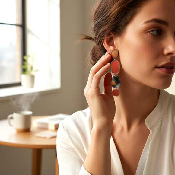 Vintage Y2K Peach Tones Enamel Dangle Earrings Pierced Matisse Artsy Eclectic - Picture 2 of 6